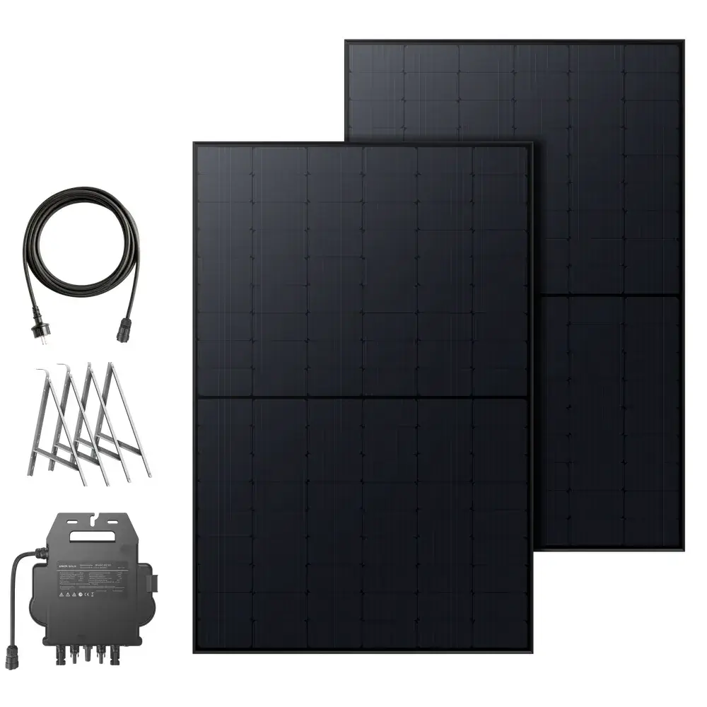 Two-panel balcony solar kit: solar panels, microinverter, mounting brackets and AC cable